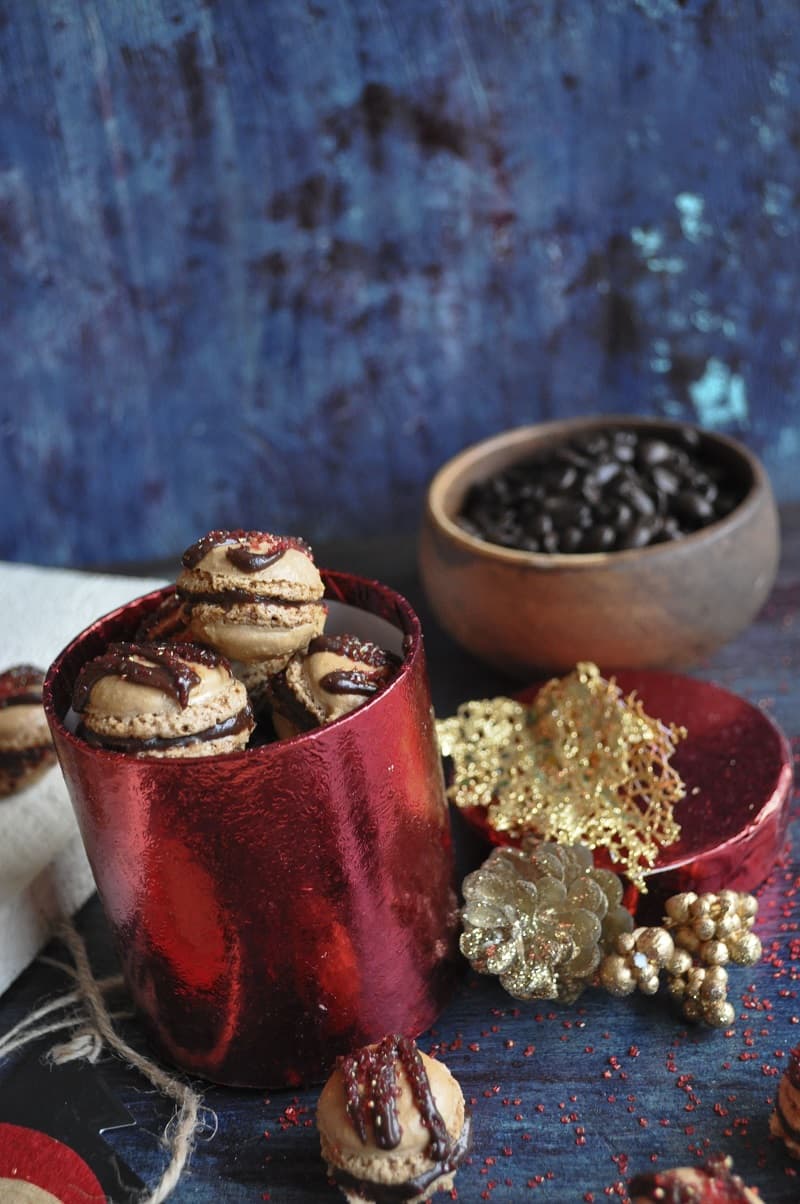 Mini Mocha Macarons with Nutella-Dark Chocolate Filling