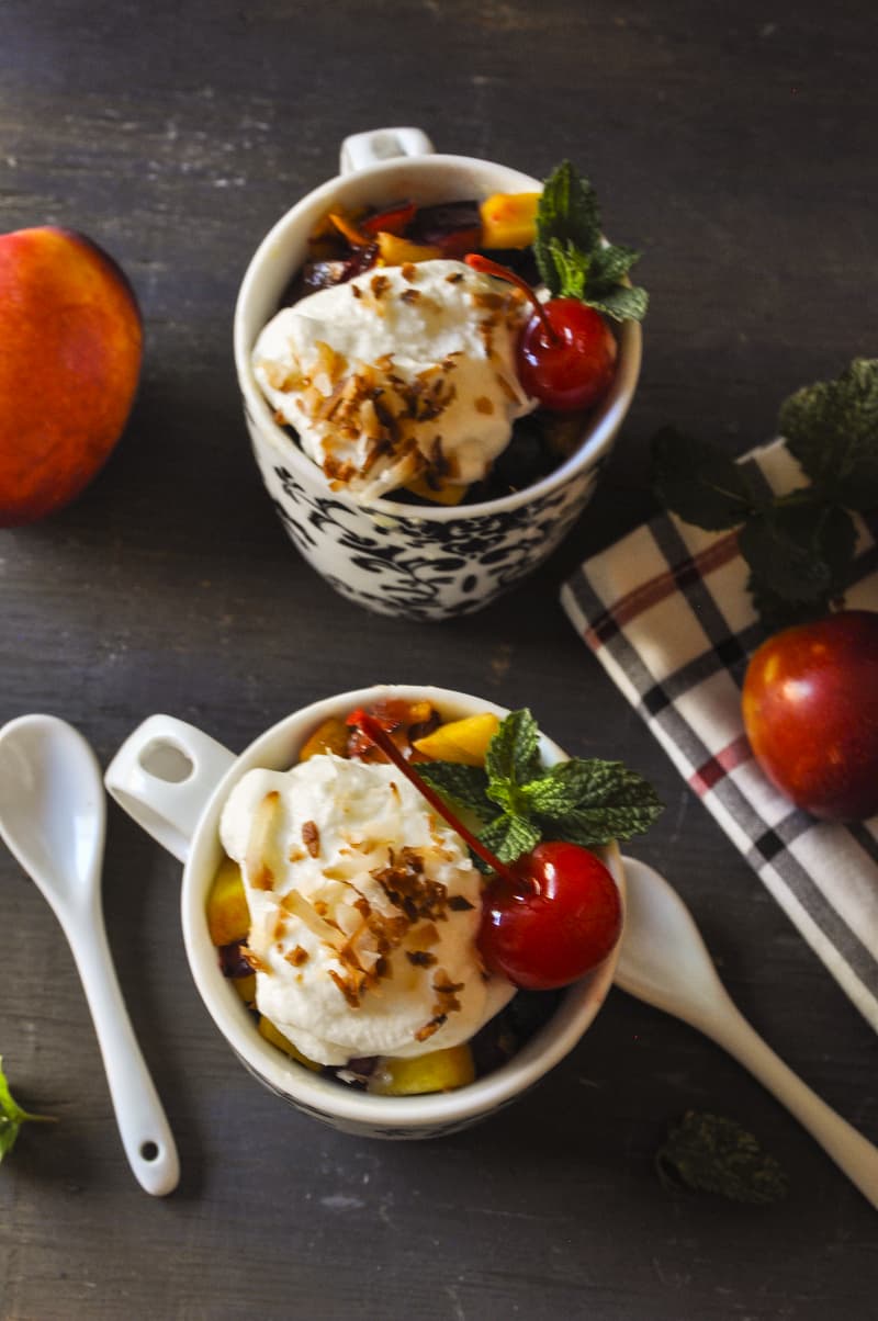 Coconut Mug Cake with Coconut Whipped Cream and Macerated Stone Fruits